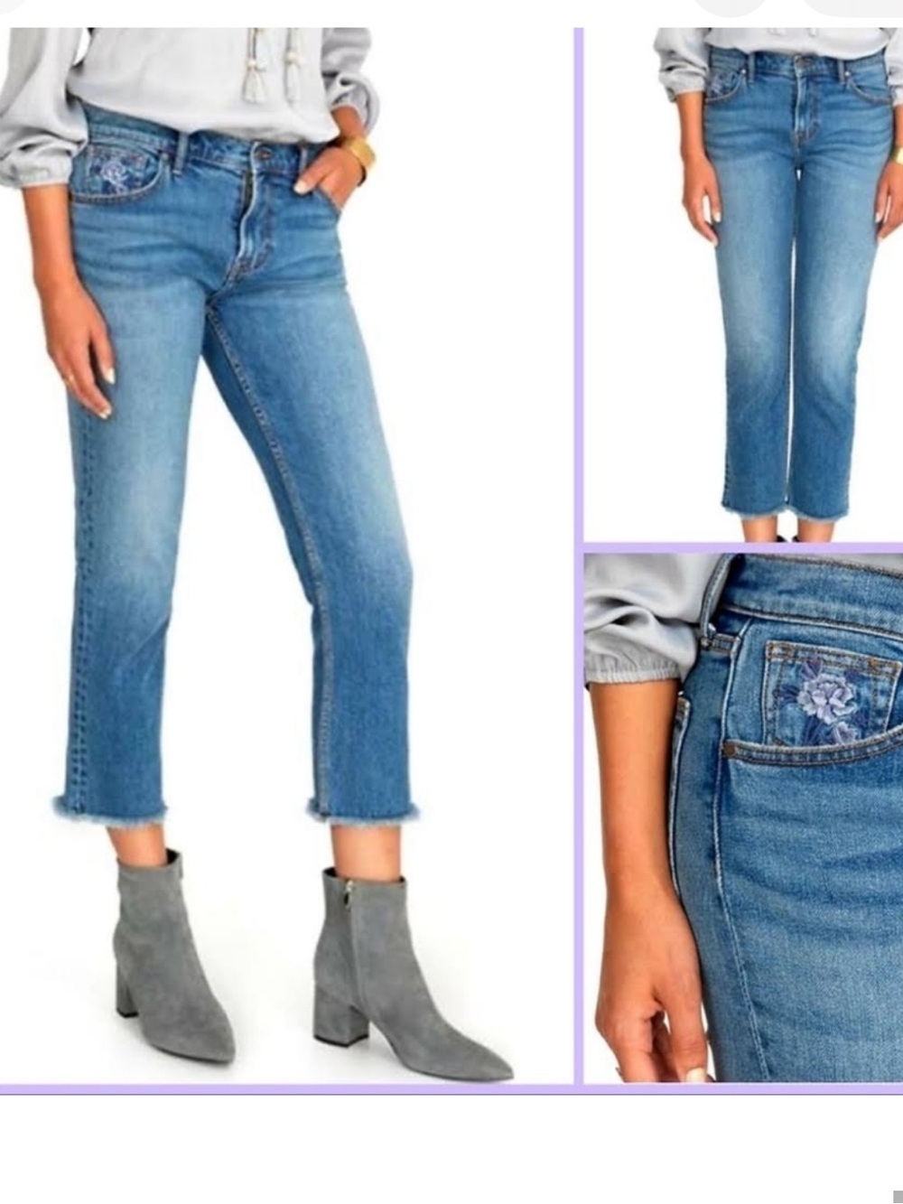 Johnny Was Cropped Boyfriend Jeans size 28 Mid Rise Relaxed Raw Hem Stretch Blue